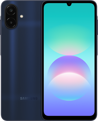 Samsung Galaxy A08 color azul marino, vista trasera y frontal